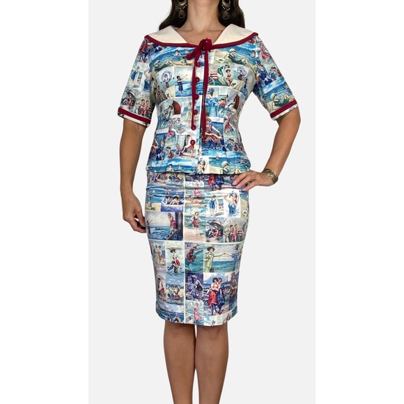 Kitten D'Amour Dresses & Skirts - KITTEN D'AMOUR 'By The Seaside' Print Retro Wiggle Dress & Jacket Set Size 10 12
